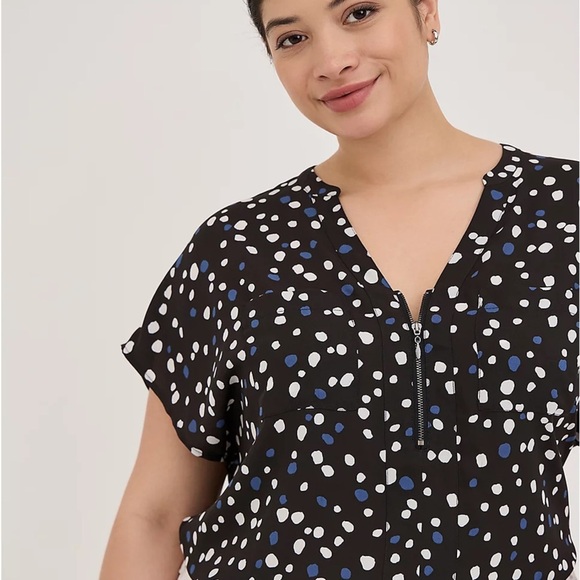 TORRID Black Georgette Top with White and Blue Polka Dots - Picture 1 of 5